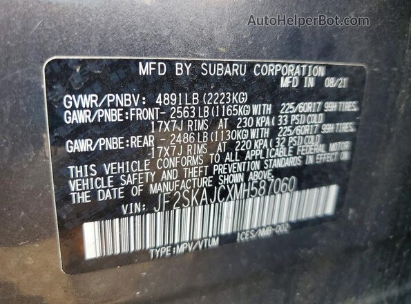 JF2SKAJCXMH587060 2021 SUBARU FORESTER Gray VIN კოდის სტიკერის ხედი
