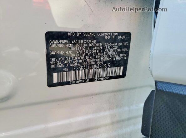 JF2SKALC0MH423815 2021 SUBARU FORESTER White Vista interior de 360 grados