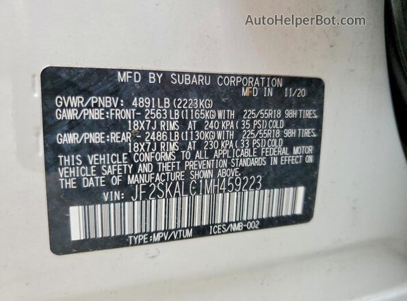 JF2SKALC1MH459223 2021 SUBARU FORESTER White Вид наклейки з VIN-кодом