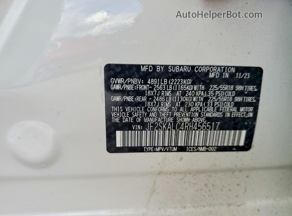 JF2SKALC4RH456517 2024 SUBARU FORESTER White Вид наклейки з VIN-кодом