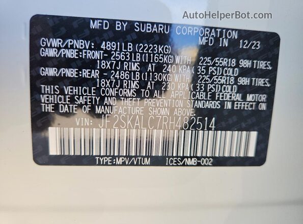 JF2SKALC7RH482514 2024 SUBARU FORESTER White VIN sticker view