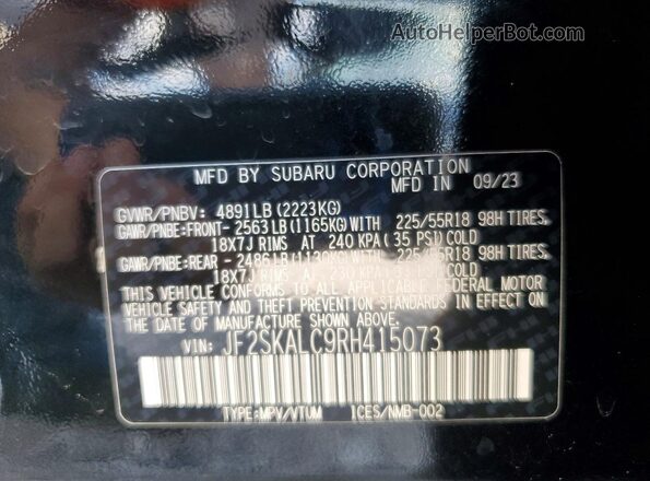 JF2SKALC9RH415073 2024 SUBARU FORESTER Black Vista de la etiqueta del VIN