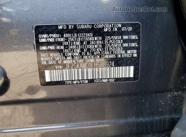JF2SKAMC0LH588924 2020 SUBARU FORESTER Gray Widok naklejki z numerem VIN