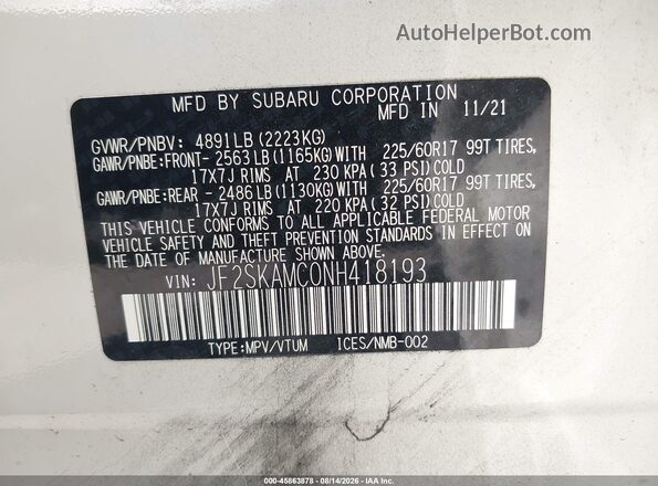 JF2SKAMC0NH418193 2022 SUBARU FORESTER White Vista del compartimento del motor