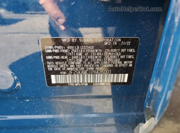 JF2SKAMC1PH426001 2023 SUBARU FORESTER Blue VIN კოდის სტიკერის ხედი