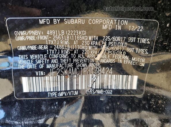 JF2SKAMC1PH438424 2023 SUBARU FORESTER Black Вид наклейки з VIN-кодом
