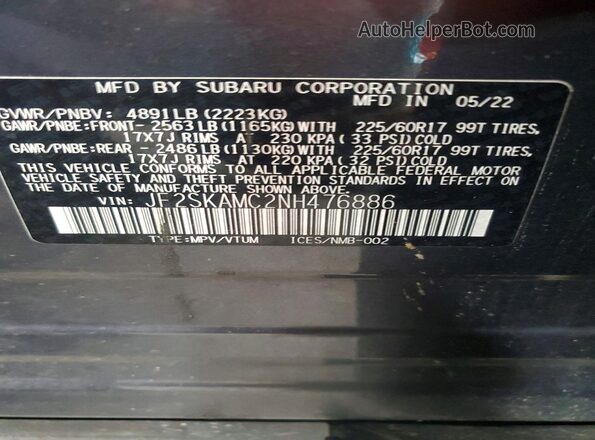 JF2SKAMC2NH476886 2022 SUBARU FORESTER Charcoal VIN კოდის სტიკერის ხედი