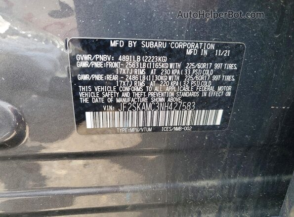 JF2SKAMC3NH427583 2022 SUBARU FORESTER Серый Панорамный вид салона 360°