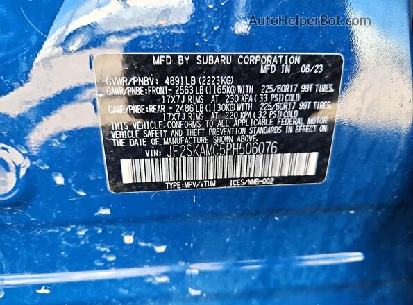 JF2SKAMC5PH506076 2023 SUBARU FORESTER Blue Vista de la etiqueta del VIN