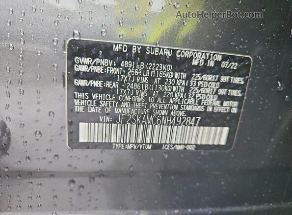 JF2SKAMC6NH492847 2022 SUBARU FORESTER Charcoal Vista interior de 360 grados