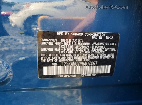 JF2SKAMC7PH407467 2023 SUBARU FORESTER Blue Вид наклейки з VIN-кодом