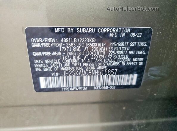 JF2SKAMC8NH515657 2022 SUBARU FORESTER Green Widok naklejki z numerem VIN