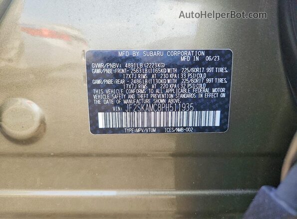 JF2SKAMC8PH511935 2023 SUBARU FORESTER Green VIN կոդի պիտակի տեսք