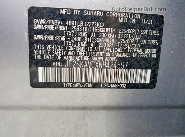 JF2SKAMCXNH424597 2022 SUBARU FORESTER Серебряный Вид наклейки с VIN-кодом