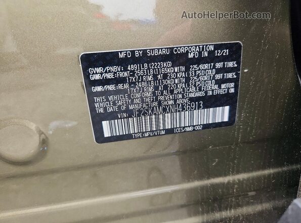 JF2SKAMCXNH436913 2022 SUBARU FORESTER Green Vista de la etiqueta del VIN