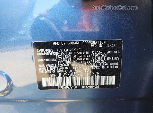 JF2SKAMCXRH461378 2024 SUBARU FORESTER Blue VIN կոդի պիտակի տեսք