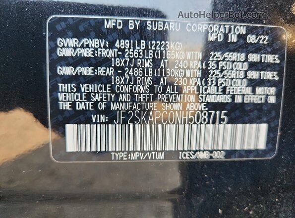 JF2SKAPC0NH508715 2022 SUBARU FORESTER Black VIN sticker view