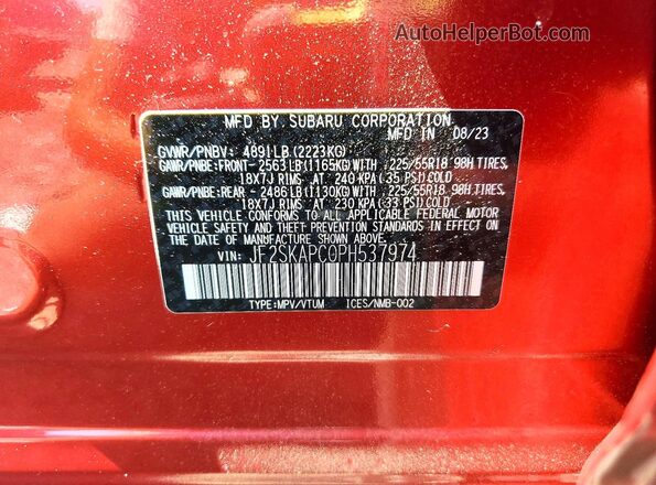 JF2SKAPC0PH537974 2023 SUBARU FORESTER Maroon Widok naklejki z numerem VIN