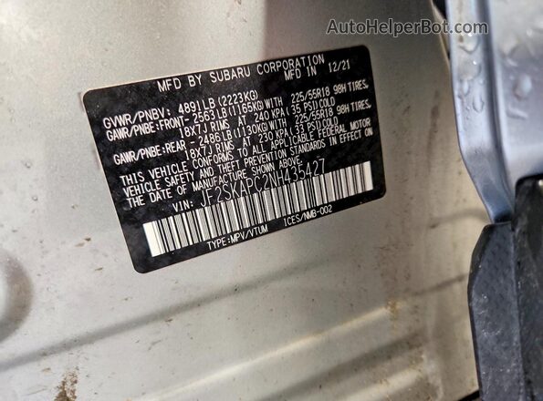 JF2SKAPC2NH435427 2022 SUBARU FORESTER Silver VIN კოდის სტიკერის ხედი