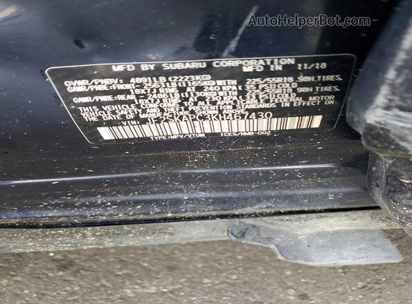 JF2SKAPC3KH467430 2019 SUBARU FORESTER Blue VIN კოდის სტიკერის ხედი