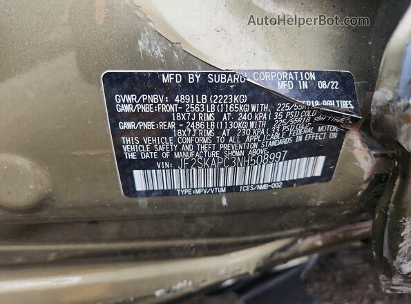 JF2SKAPC3NH508997 2022 SUBARU FORESTER Green Widok naklejki z numerem VIN