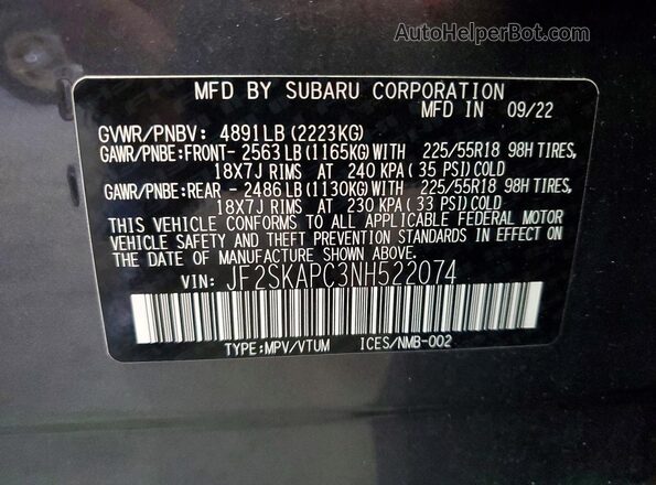 JF2SKAPC3NH522074 2022 SUBARU FORESTER Gray Widok naklejki z numerem VIN