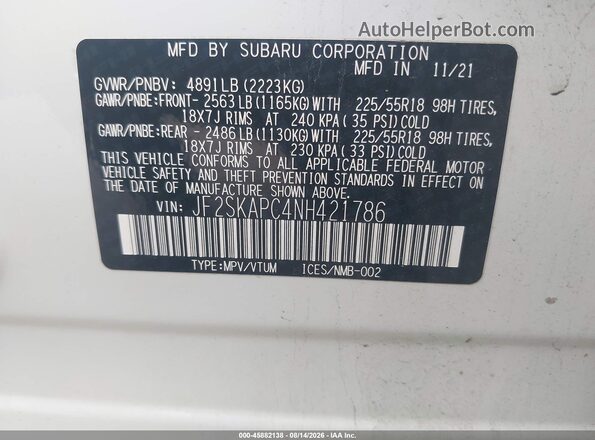 JF2SKAPC4NH421786 2022 SUBARU FORESTER Белый Вид подкапотного пространства