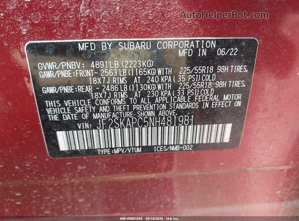 JF2SKAPC5NH481981 2022 SUBARU FORESTER Maroon ძრავის განყოფილების ხედი
