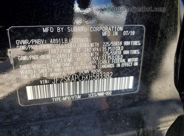 JF2SKAPC6KH583382 2019 SUBARU FORESTER Black Widok wnętrza 360 stopni