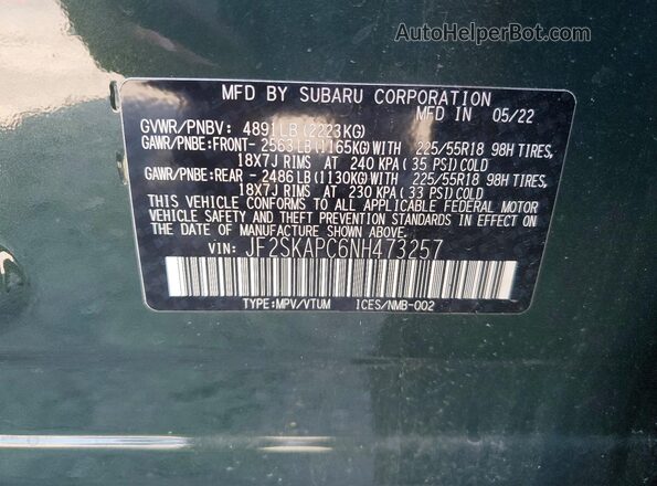 JF2SKAPC6NH473257 2022 SUBARU FORESTER Green Vista de la etiqueta del VIN