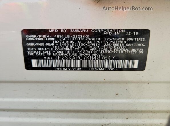 JF2SKAPC7KH487647 2019 SUBARU FORESTER White VIN sticker view