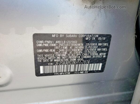 JF2SKAPC7KH557874 2019 SUBARU FORESTER Gray Вид наклейки з VIN-кодом