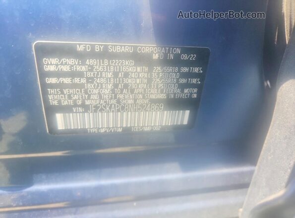JF2SKAPC8NH524869 2022 SUBARU FORESTER Blue VIN sticker view