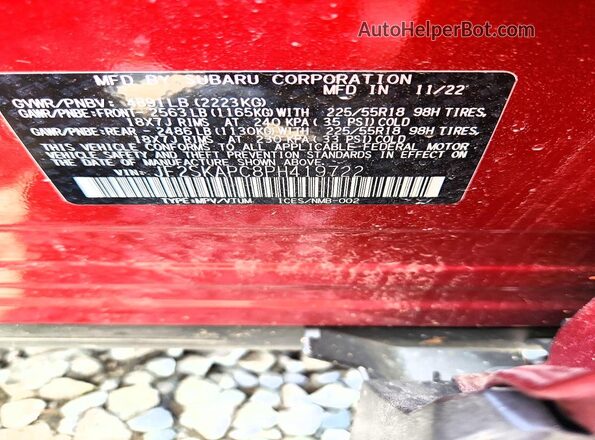 JF2SKAPC8PH419722 2023 SUBARU FORESTER Красный Вид наклейки с VIN-кодом