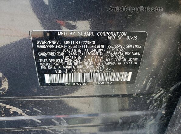 JF2SKAPC9KH492445 2019 SUBARU FORESTER Gray Սալոնի 360 աստիճան տեսք