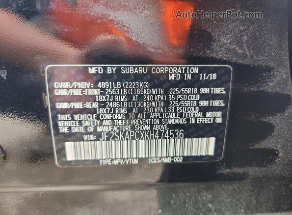 JF2SKAPCXKH474536 2019 SUBARU FORESTER Black VIN კოდის სტიკერის ხედი