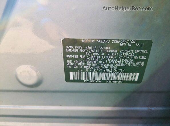 JF2SKAPCXNH435207 2022 SUBARU FORESTER Silver Vista interior de 360 grados