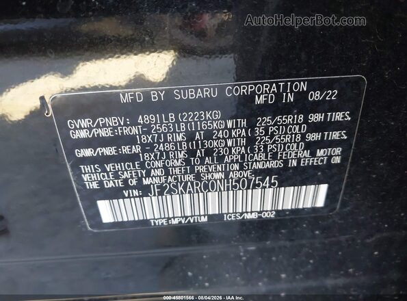 JF2SKARC0NH507545 2022 SUBARU FORESTER Black Vista del compartimento del motor