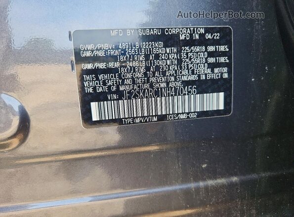 JF2SKARC1NH470456 2022 SUBARU FORESTER Gray Вид наклейки з VIN-кодом