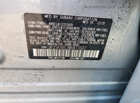 JF2SKARC2MH473607 2021 SUBARU FORESTER Silver VIN კოდის სტიკერის ხედი