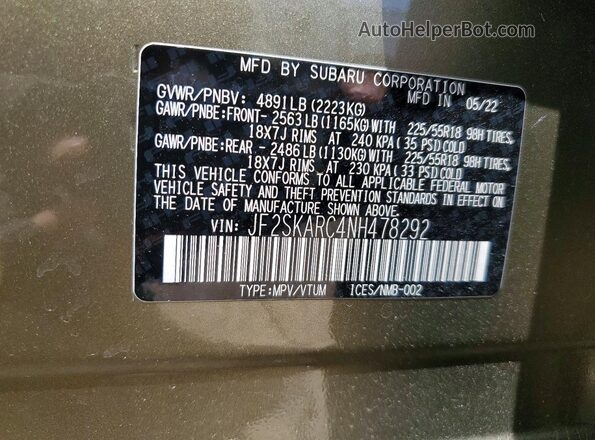 JF2SKARC4NH478292 2022 SUBARU FORESTER Зеленый Вид наклейки с VIN-кодом