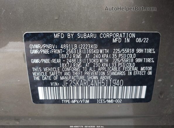 JF2SKARC4NH511940 2022 SUBARU FORESTER Green ძრავის განყოფილების ხედი
