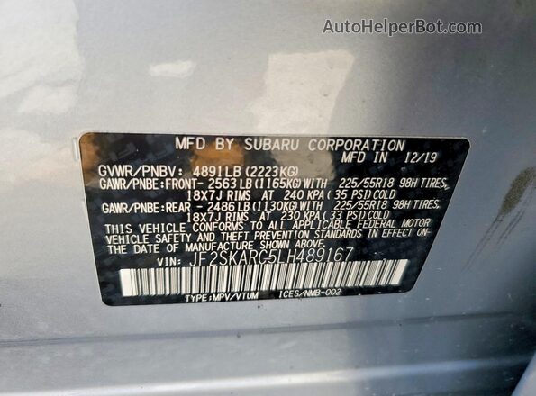 JF2SKARC5LH489167 2020 SUBARU FORESTER Silver Widok naklejki z numerem VIN