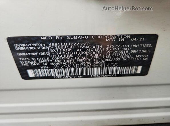 JF2SKARC5MH531466 2021 SUBARU FORESTER White Vista interior de 360 grados