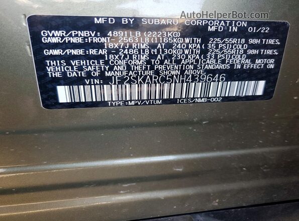 JF2SKARC5NH439646 2022 SUBARU FORESTER Green Widok wnętrza 360 stopni