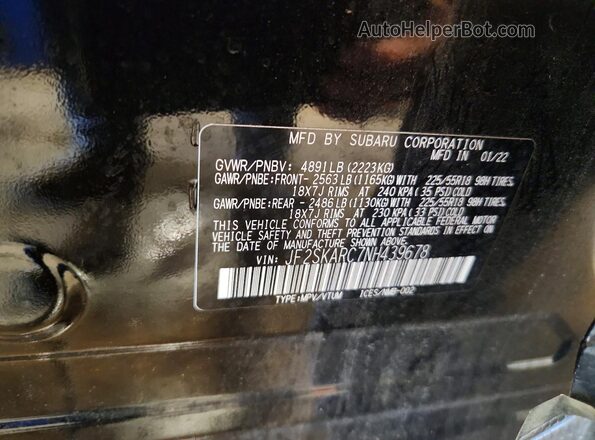 JF2SKARC7NH439678 2022 SUBARU FORESTER Black VIN კოდის სტიკერის ხედი