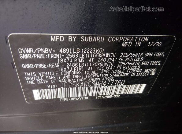 JF2SKARC8MH477760 2021 SUBARU FORESTER Navy Вид наклейки з VIN-кодом