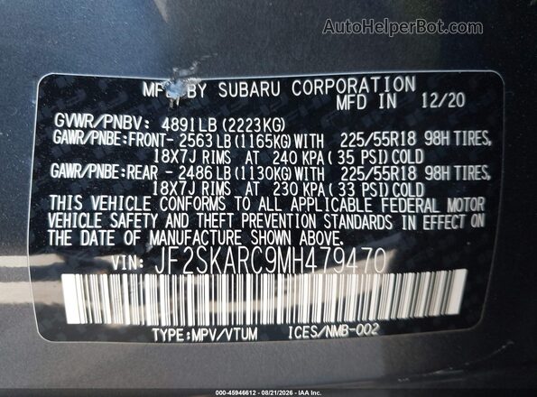JF2SKARC9MH479470 2021 SUBARU FORESTER Gray Вид підкапотного простору