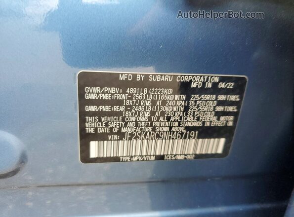 JF2SKARC9NH467191 2022 SUBARU FORESTER Blue VIN კოდის სტიკერის ხედი