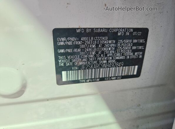 JF2SKARC9NH492849 2022 SUBARU FORESTER White VIN კოდის სტიკერის ხედი